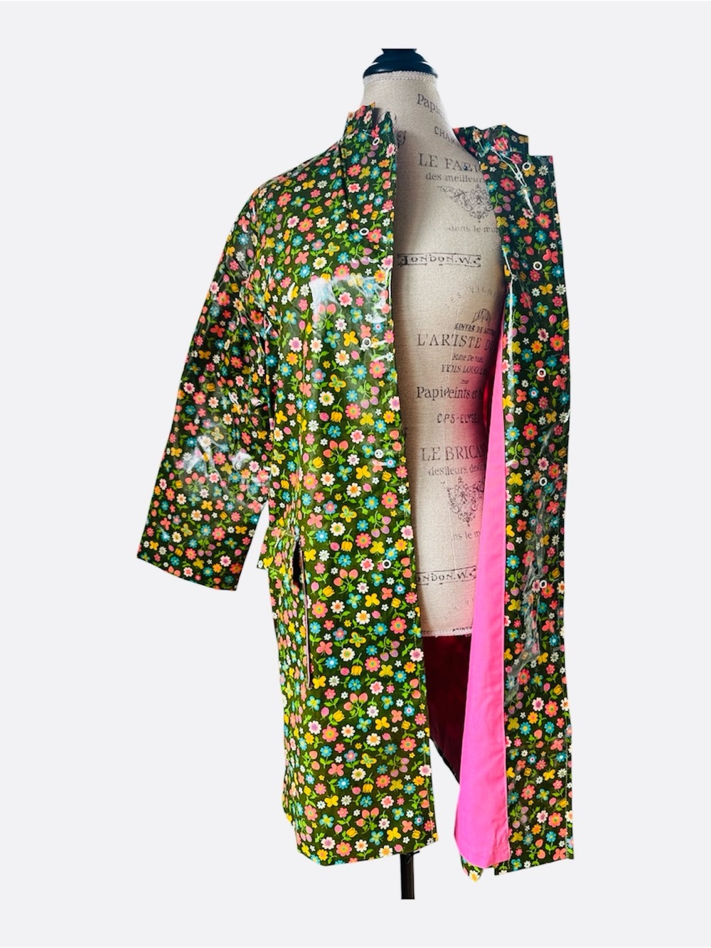 Vintage 60’s plastic outer retro floral raincoat handmade medium/large